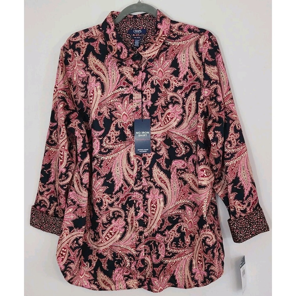 Chaps No Iron Button Front Black Multi Color Paisley 100% Cotton Blouse XL